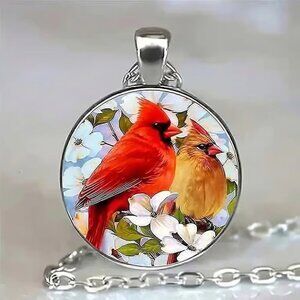 Silver CARDINAL Red Bird Glass Pendant Necklace
